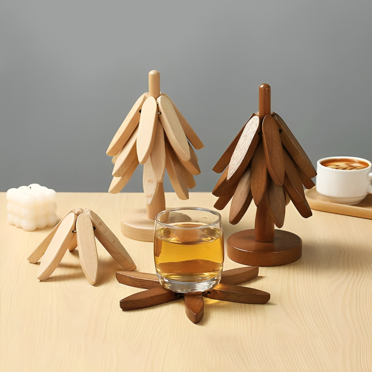 4PCS Tree Design Stand Wooden Trivets Decorative anti Scald Heat Resistant Table Mat Coaster Wood Placemats Pot