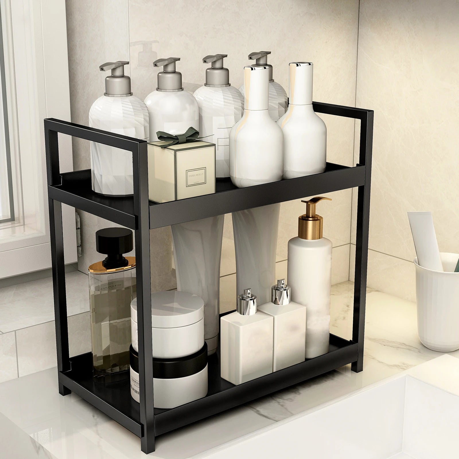 Cosmetic Storage Bathroom,Kitchen Spice Holder Storage Rack 2 Tier Black and White Multifunctional