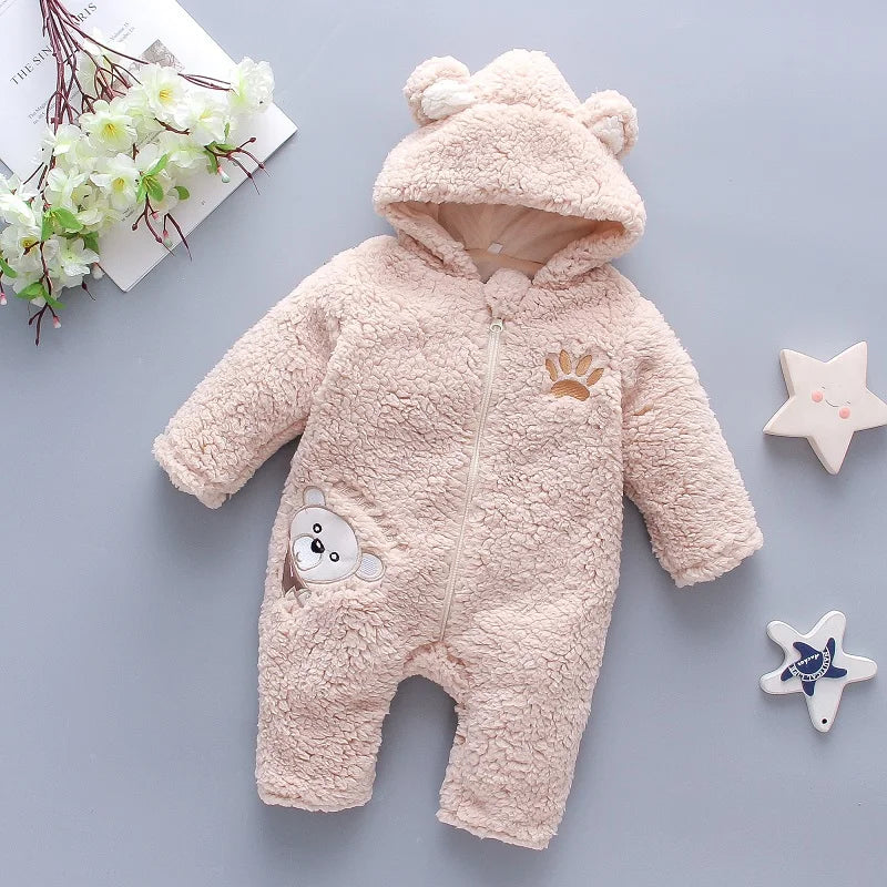 Lamb Hair Cartoon Bear Embroidered Baby Jumpsuit