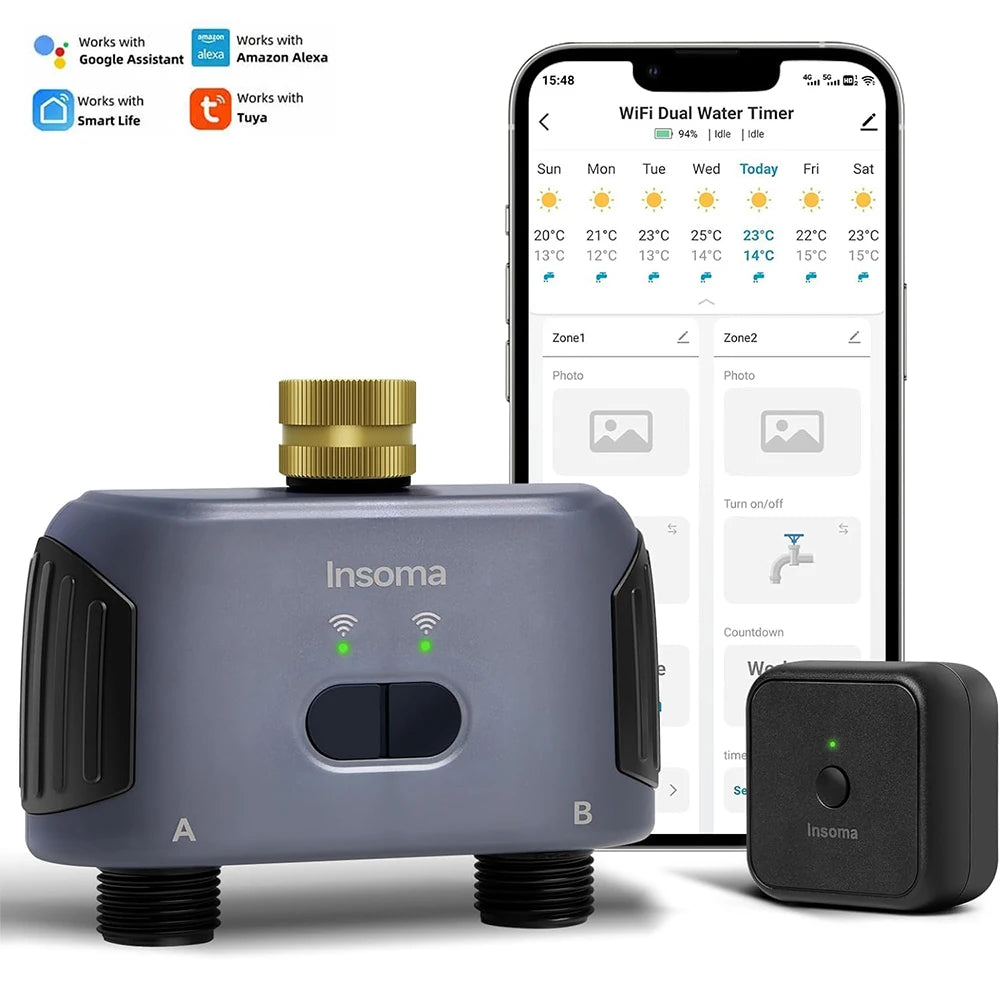 WiFi Automatic Water Timer with Gateway 2 Ways Garden Irrigation Watering System Support Google Amazon