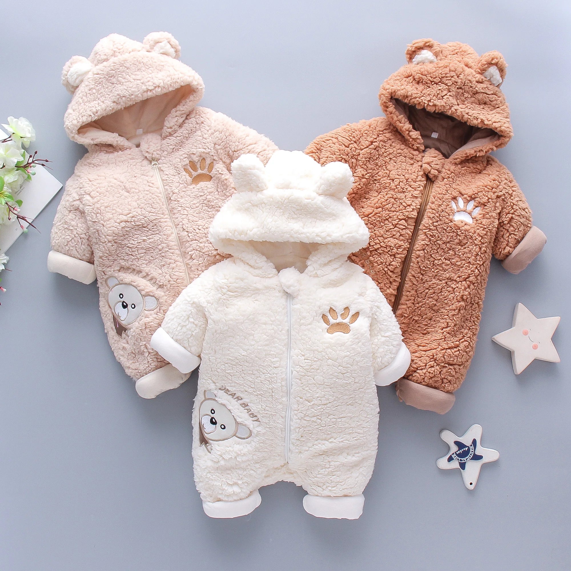 Lamb Hair Cartoon Bear Embroidered Baby Jumpsuit