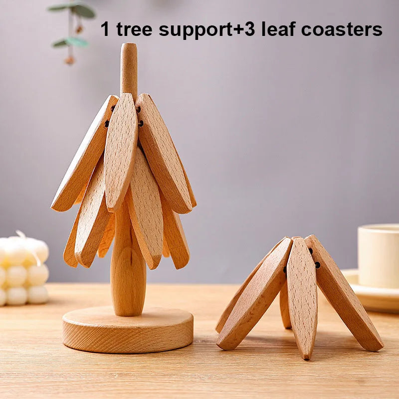 4PCS Tree Design Stand Wooden Trivets Decorative Anti Scald Heat Resistant Table Mat Coaster Wood Placemats Pot