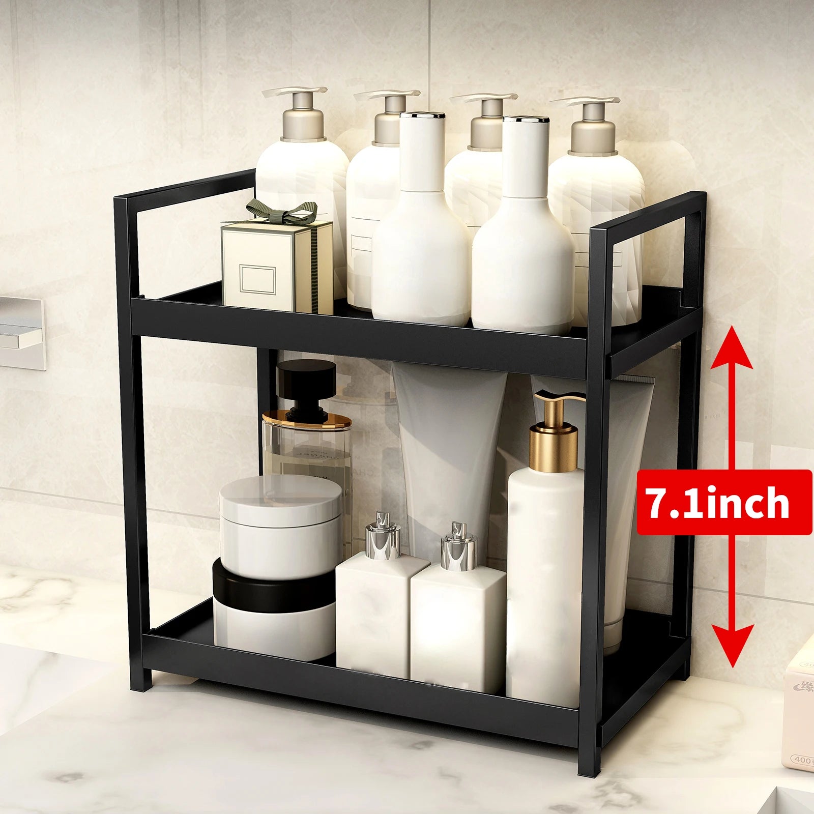 Cosmetic Storage Bathroom,Kitchen Spice Holder Storage Rack 2 Tier Black and White Multifunctional