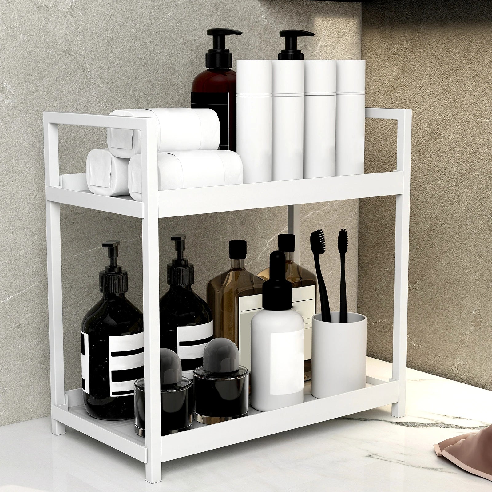 Cosmetic Storage Bathroom,Kitchen Spice Holder Storage Rack 2 Tier Black and White Multifunctional