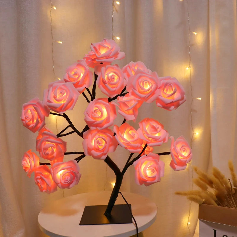 Christmas Table Lamp, Rose Light String, Tree Night Lights, Usb-Battery Powered Light, for Girls,Holiday,Home Decor